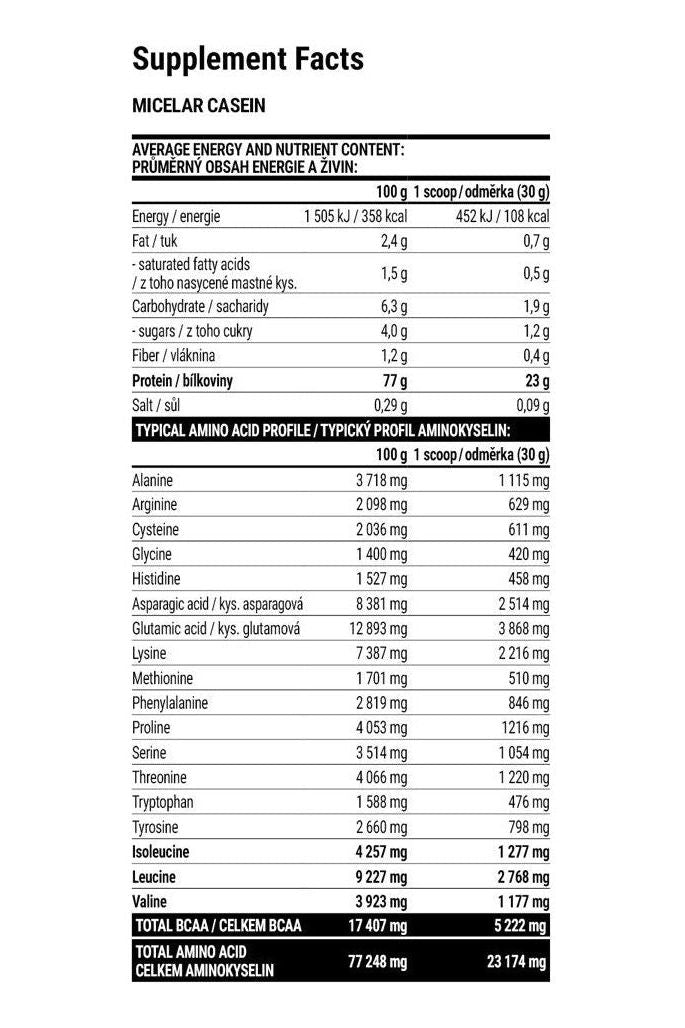 Supplement facts for Extrifit Micelar Casein, detailing nutrients and amino acids per serving.