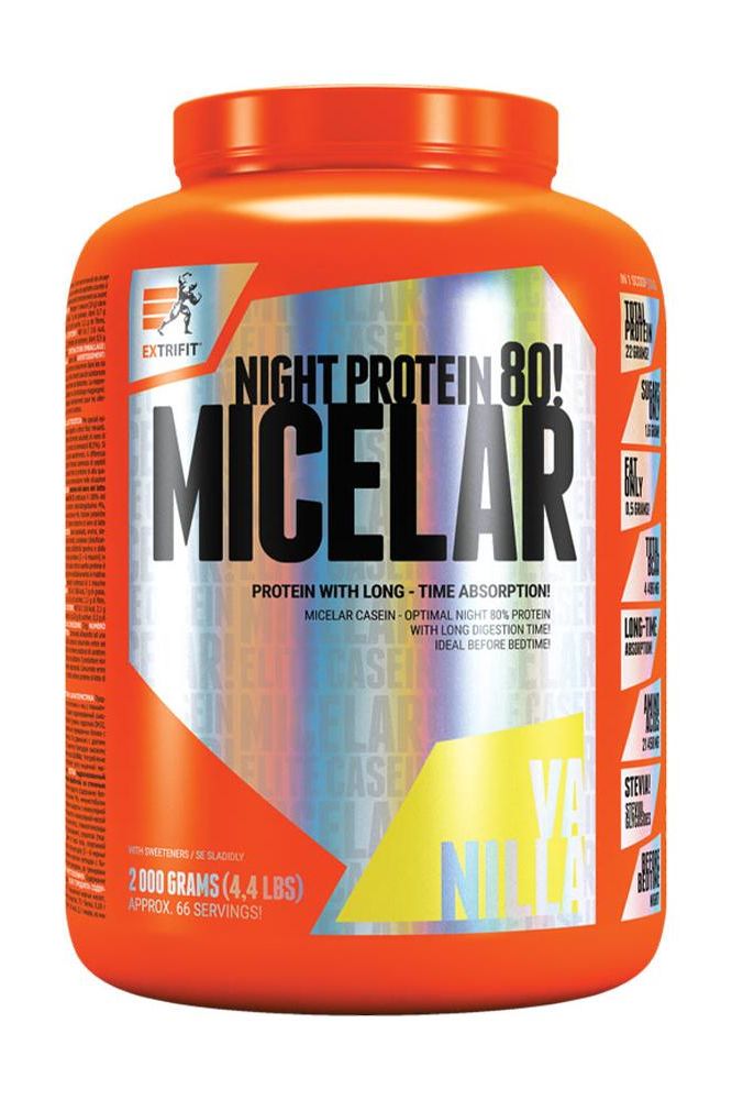 Extrifit Micelar Casein night protein 80, 2000g container for muscle growth and recovery during sleep.
