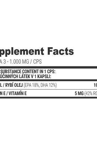 Supplement facts for Extrifit Omega-3 1000 mg capsules, detailing EPA, DHA, and Vitamin E content.