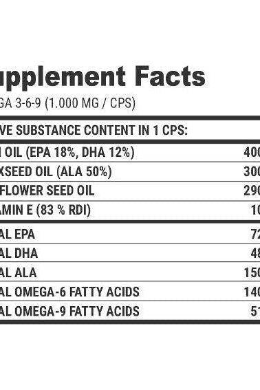 Supplement facts for Extrifit Omega 3-6-9 capsules, detailing essential fatty acids and vitamins per serving.