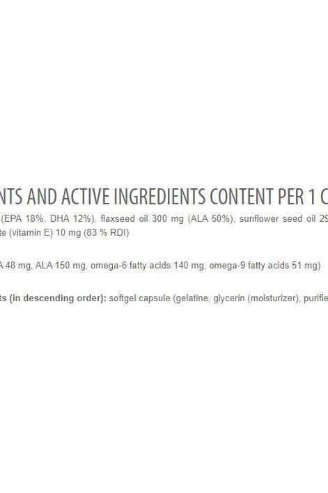 Nutritional information of Omega 3-6-9 capsules, detailing active ingredients and their amounts per capsule.
