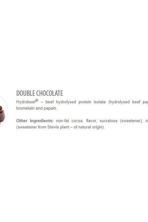 Double Chocolate Hydrobeef protein isolate with ingredients list, including cocoa and natural sweeteners.