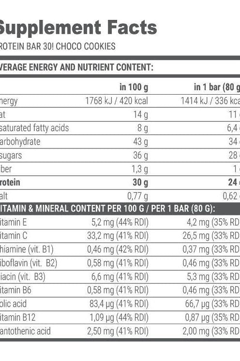 Nutritional information for Extrifit Protein Bar 30% Chocolate Cookie, detailing energy and vitamin content.