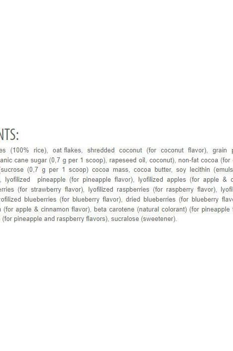 Ingredient list for Extrifit Rice-Oat Mash, featuring rice, oats, fruit, and chocolate components.