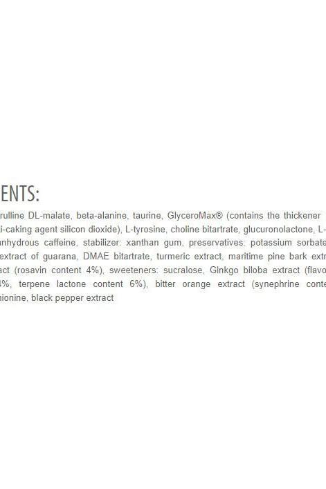 List of ingredients for Extrifit Shot Trainox Pre-Workout Supplement including amino acids and herbal extracts.