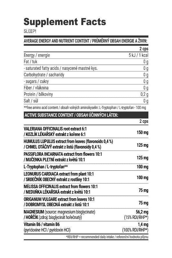 Supplement facts for Extrifit Sleep! showing ingredients and nutrient content, including amino acids and plant extracts.