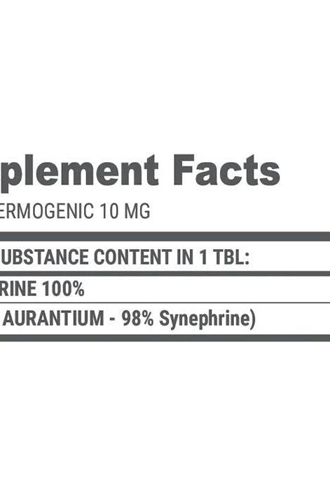 Supplement facts for Extrifit SYNE 10MG Thermogenetic Burner, highlighting synephrine content and dosage.