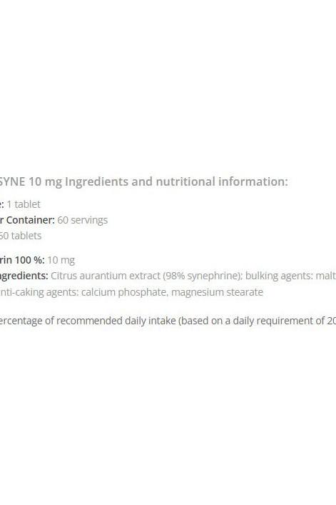 Extrifit SYNE 10 mg nutritional information and ingredients list including synephrine, maltodextrin, and calcium phosphate.