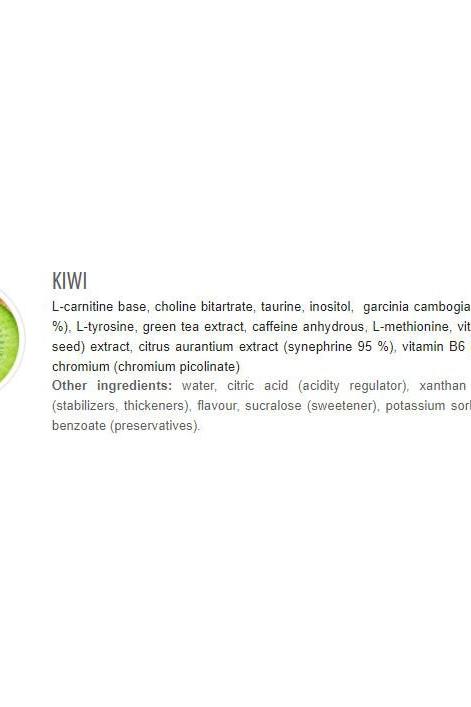 Ingredients list for Kiwi flavor product including L-carnitine, taurine, and green tea extract.
