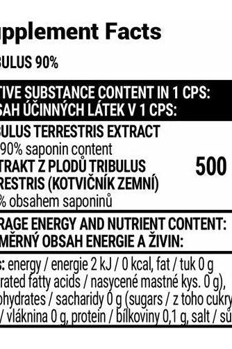 Supplement facts label for Extrifit Tribulus 90% showcasing active substances and nutrient content.