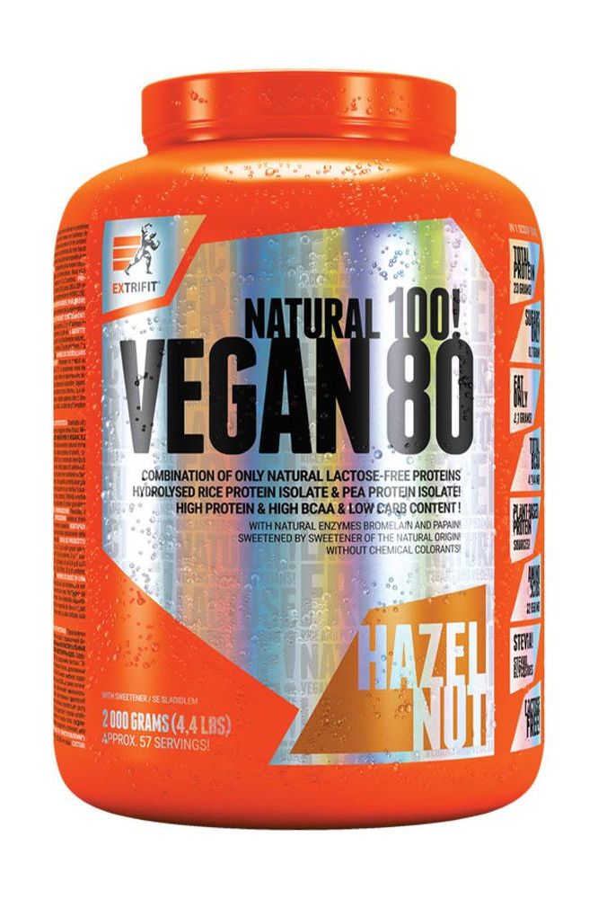 Extrifit Vegan 80 protein supplement in hazelnut flavor, 2000 grams, lactose-free, low fat, high protein.