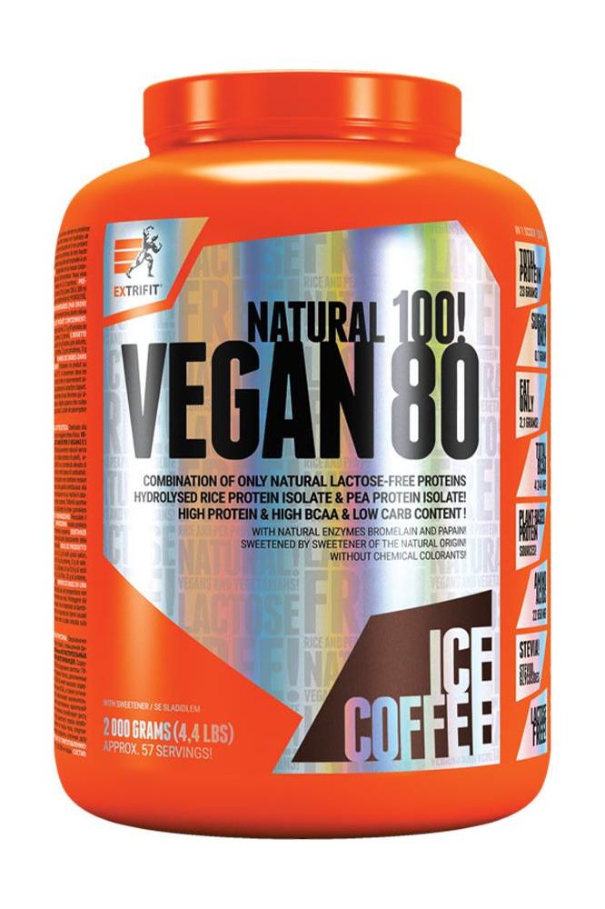 Extrifit Vegan 80 protein powder container with ice coffee flavor, 2000 grams, lactose-free protein blend.