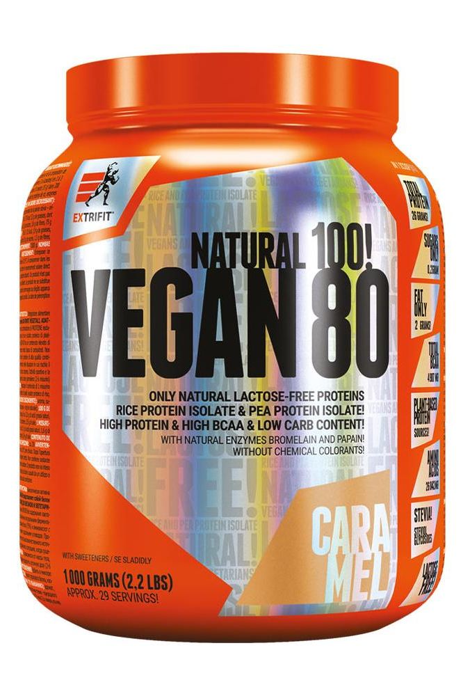 Extrifit Vegan 80 protein powder, natural lactose-free, caramel flavor, 1000 grams, low-fat, plant-based protein.