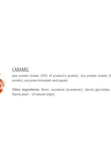Ingredient list for vegan protein flavor: Caramel, featuring pea and rice protein isolates.