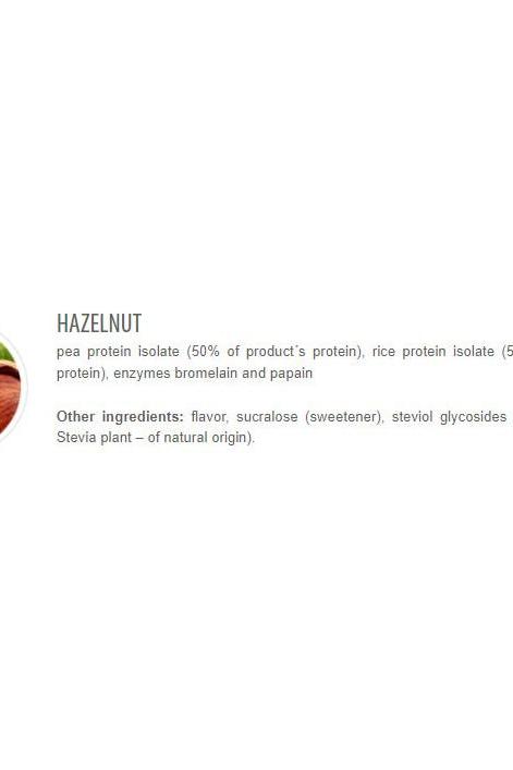 Ingredients list for hazelnut flavor protein, including pea and rice protein isolates and natural enzymes.