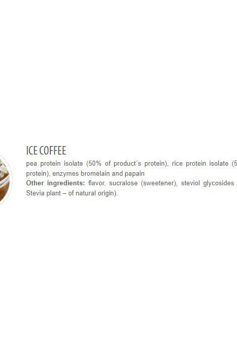 Ice coffee ingredients: pea protein isolate, rice protein isolate, enzymes, and natural sweeteners.