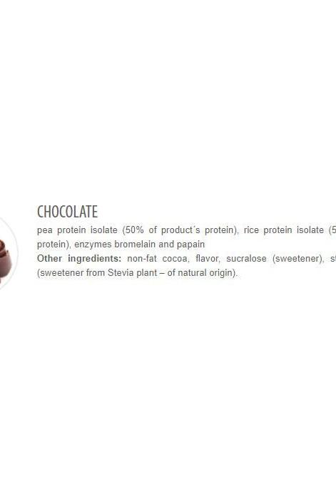 Chocolate flavor ingredients list including pea and rice protein isolates, natural enzymes, and sweeteners.