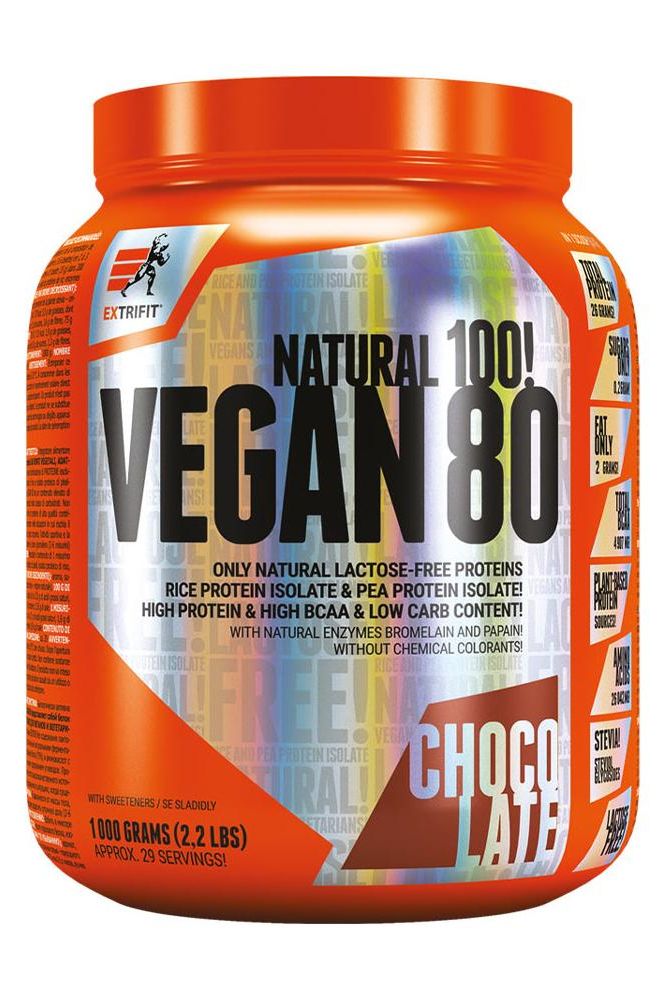 Extrifit Vegan 80 protein powder in chocolate flavor, 1000 grams, lactose-free, natural ingredients.