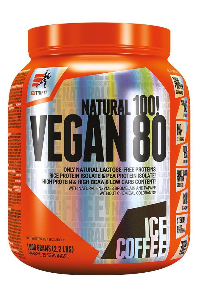 Extrifit Vegan 80 protein powder container in coffee flavor, featuring high protein and low fat content.