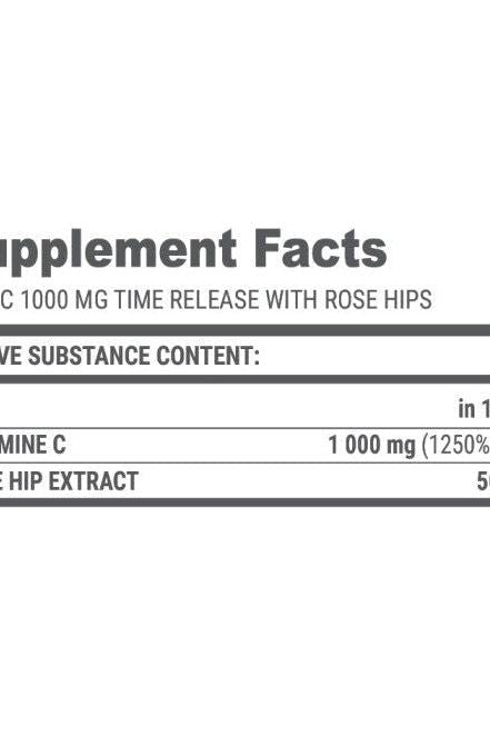 Supplement facts for Extrifit Vita-C 1000MG Time Release with Rose Hips, detailing vitamin C and rose hip extract content.