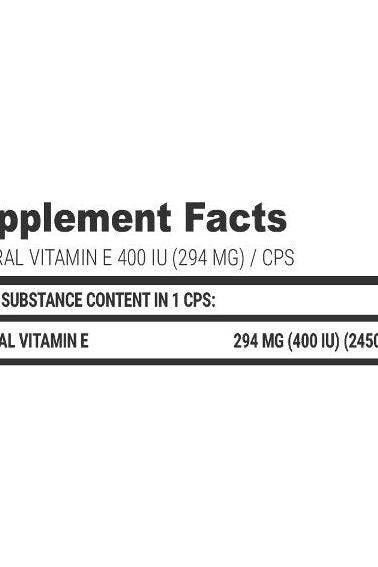 Supplement facts for Extrifit Vita-E 400 IU listing vitamin E content per capsule.