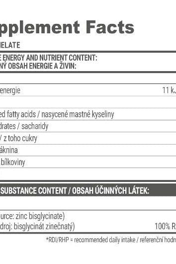 Nutritional information for Extrifit Zinc Chelate supplement, detailing energy and nutrient content.