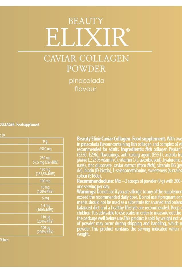 FA Beauty Elixir Caviar Collagen Powder pinacolada flavor nutritional information and usage instructions