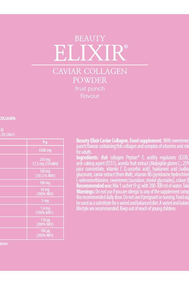 FA Beauty Elixir Caviar Collagen Powder label detailing ingredients and nutritional information for skin and hair benefits.