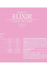 Beauty Elixir Caviar Collagen supplement label fruit punch flavor with nutritional information and usage instructions.