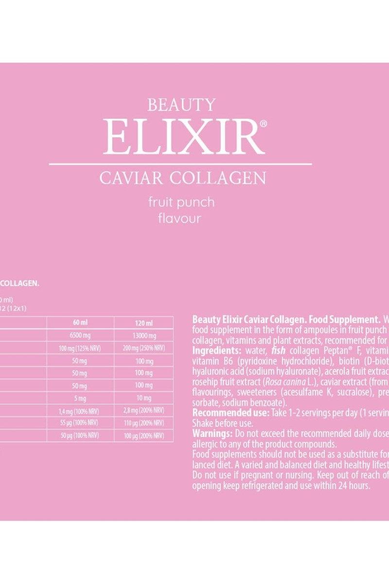 FA Fitness Authority Beauty Elixir Caviar Collagen Shot fruit punch flavor nutritional information and supplement details.