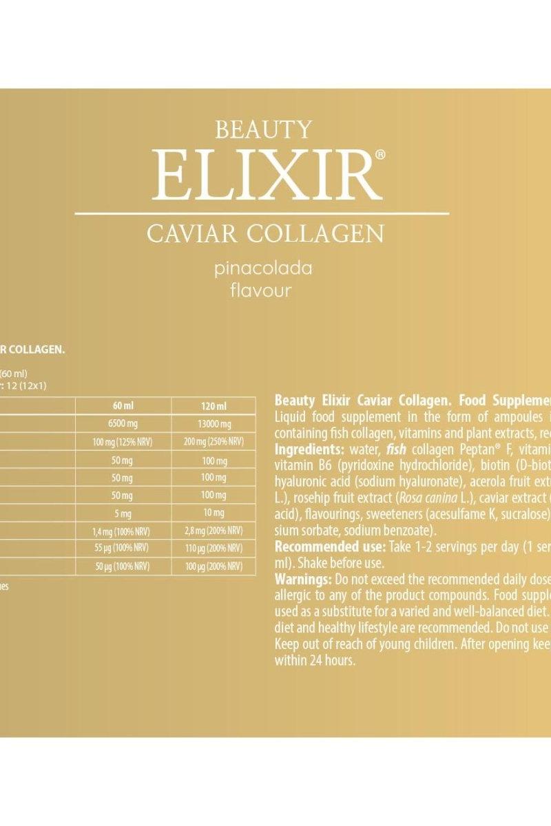 Beauty Elixir Caviar Collagen dietary supplement label in piña colada flavour, featuring ingredients and benefits.