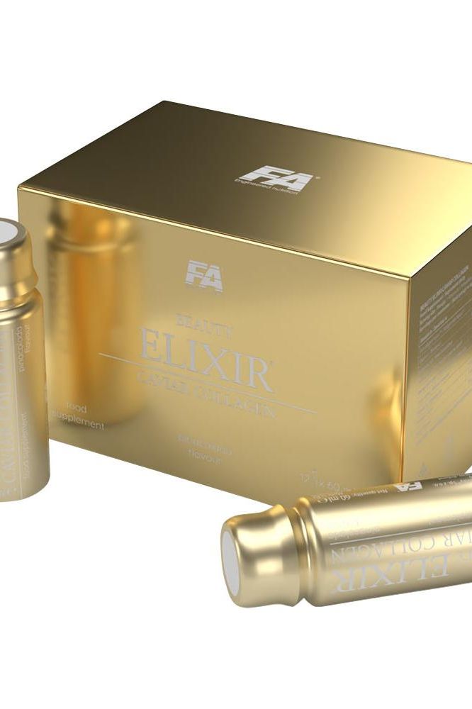 FA Fitness Authority Beauty Elixir Caviar Collagen Shot packaging with two vials for skin revitalization.