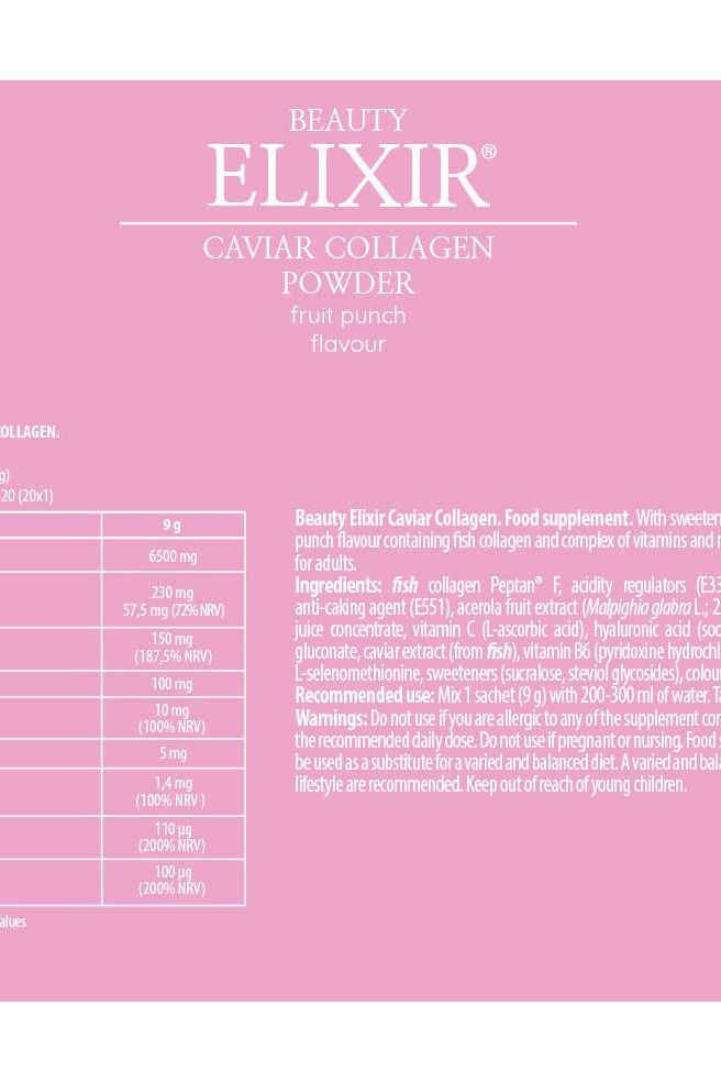 Nutrition label for Beauty Elixir Caviar Collagen powder, detailing ingredients and benefits for skin and hair health.