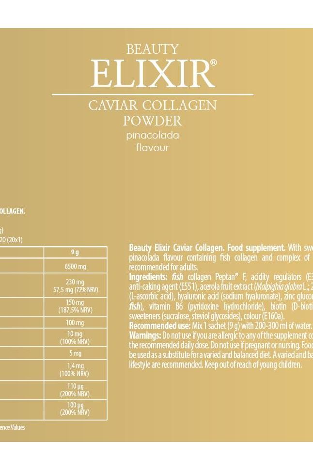 Beauty Elixir Caviar Collagen powder packaging showing nutritional info and ingredients for healthy skin and hair.