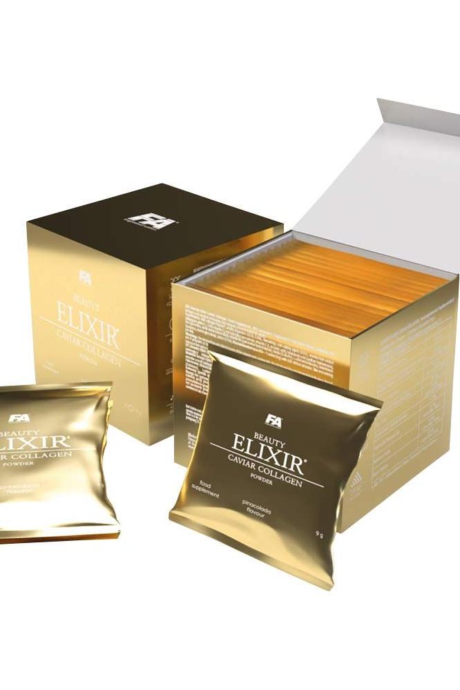 FA Fitness Authority Beauty Elixir Caviar Collagen packaging with golden sachets for skin rejuvenation and hydration.