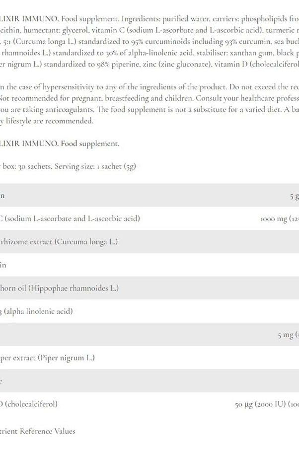 FA Beauty Elixir Immuno product details including ingredients and health benefits, 30 sachets.