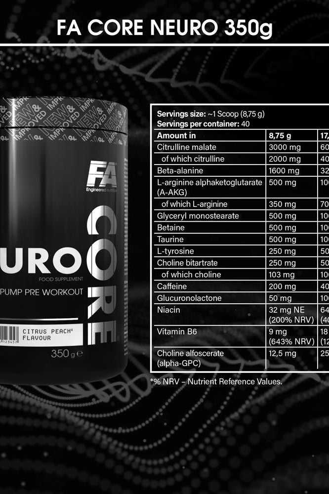 FA Core Neuro 350g pre-workout supplement packaging with nutritional information and serving details.