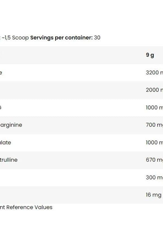 Nutritional information table for FA - Fitness Authority Core Pump Energizer showing active ingredients and serving sizes.