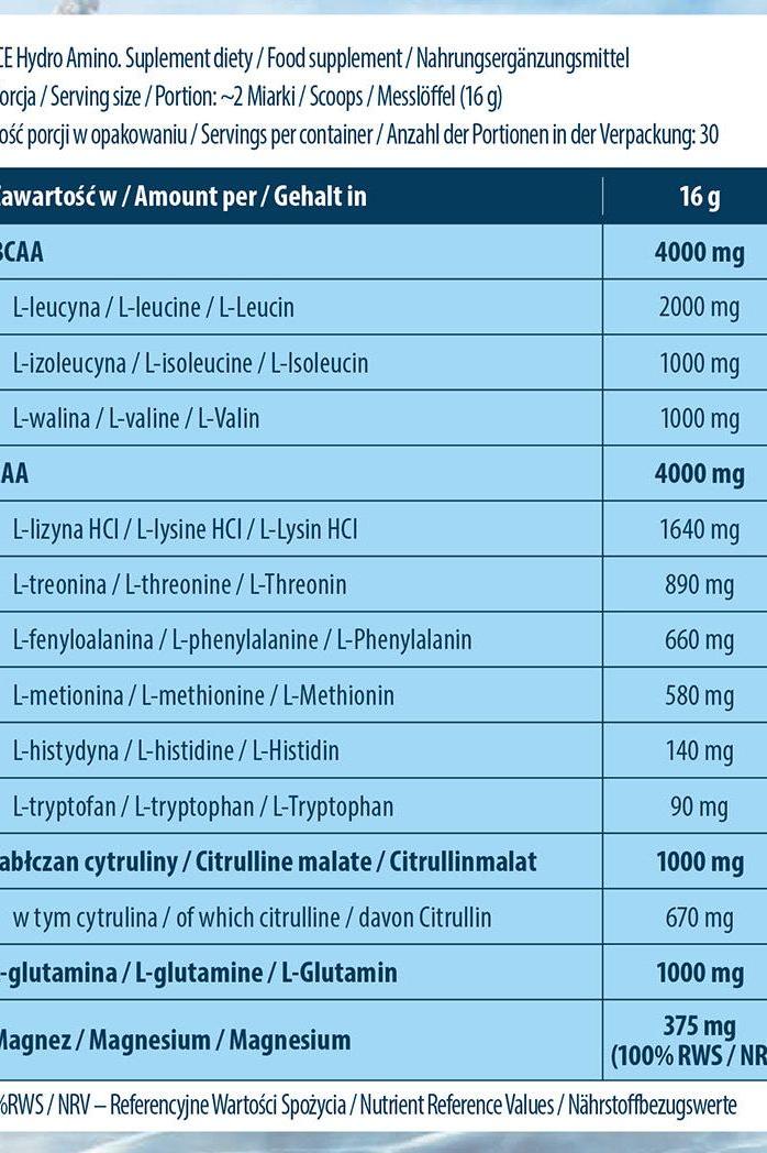 Nutritional information for FA - Fitness Authority Ice Hydro Amino Supplement per 16g serving, detailing amino acids breakdown.