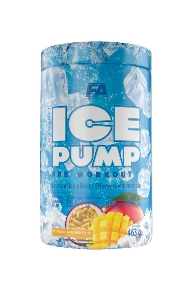 FA Ice Pump Pre Workout product container featuring ice and tropical fruit design.