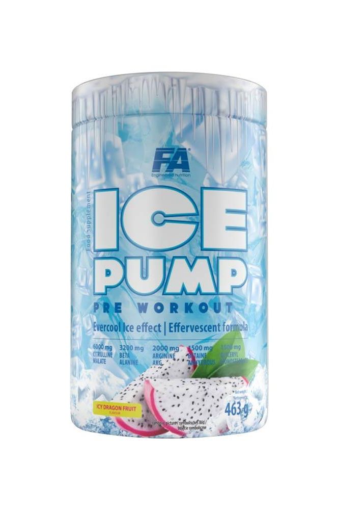 FA Ice Pump Pre Workout powder tub with ice effect, designed to enhance muscle pump and performance during workouts.