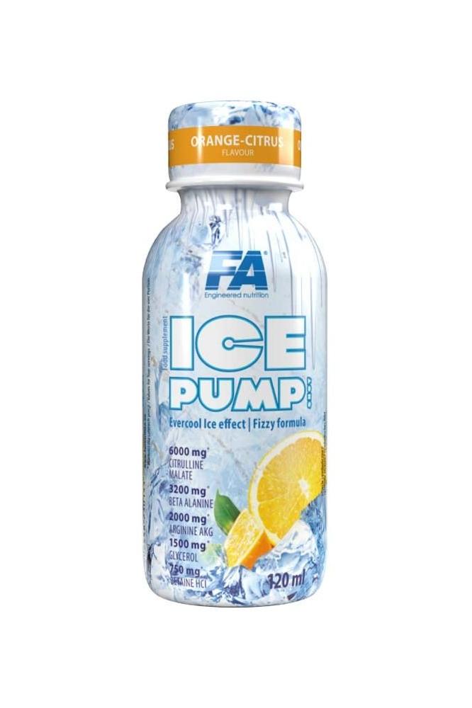 FA Ice Pump Shot energizing pre-workout drink with orange-citrus flavor for improved muscle pump and energy.