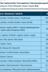 Supplement facts for FA Fitness Authority Ice Pump Shot detailing ingredients and amounts per 30ml serving.