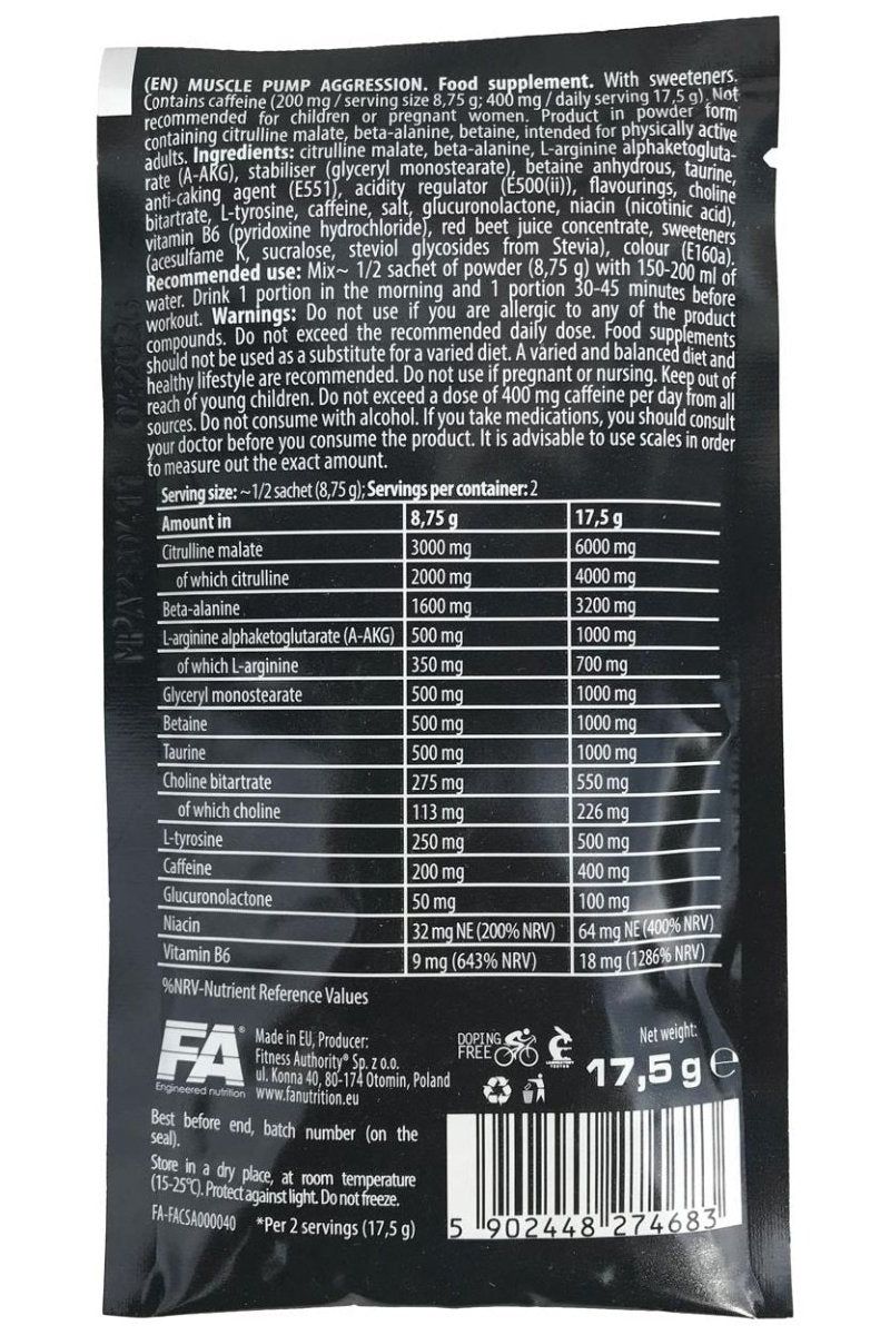 FA Muscle Pump Aggression sample pack, nutritional information and ingredients for fitness supplement.