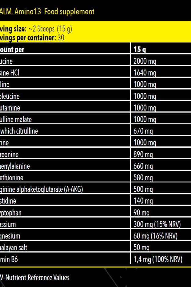 Nutritional information for FA Fitness Authority Napalm Amino13 food supplement showing amino acids and mineral content.