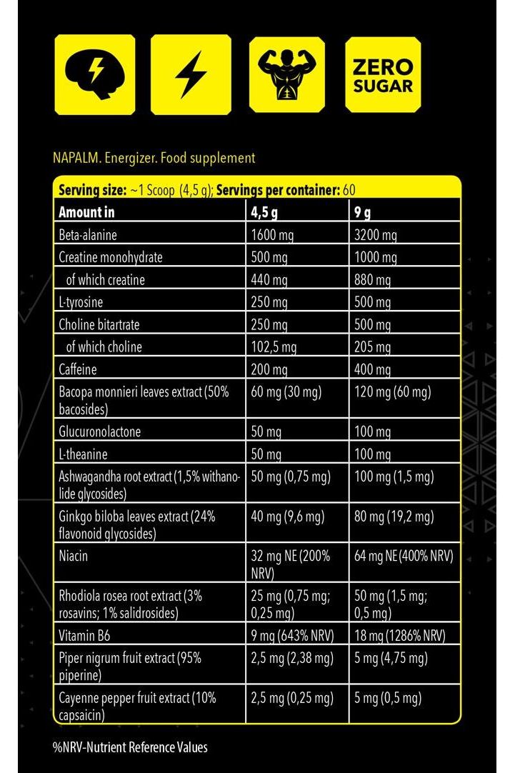 FA NAPALM Energizer supplement facts panel showcasing ingredients and serving size to improve fitness performance.
