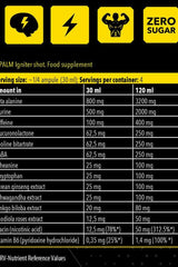 Nutrition facts for FA Napalm Igniter Shot, detailing ingredients and serving sizes for energy-enhancing supplement.