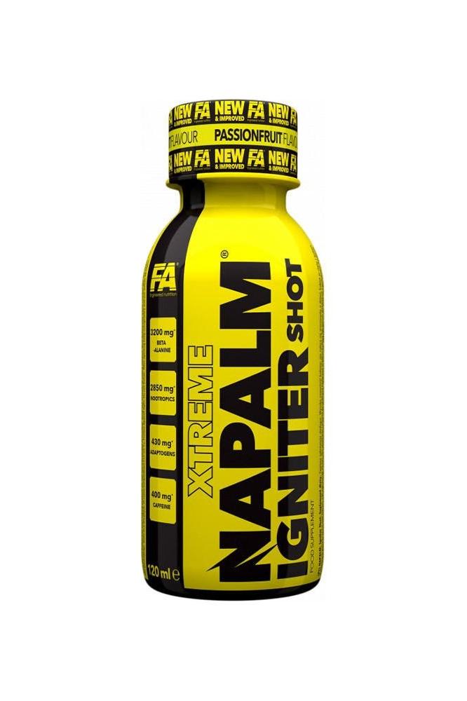 FA Napalm Igniter Shot 120ml in passionfruit flavor, energy-boosting pre-workout supplement for enhanced performance.