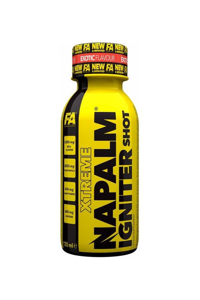 FA Napalm Igniter Shot bottle, a pre-workout energy booster for enhanced performance and muscle blood flow.