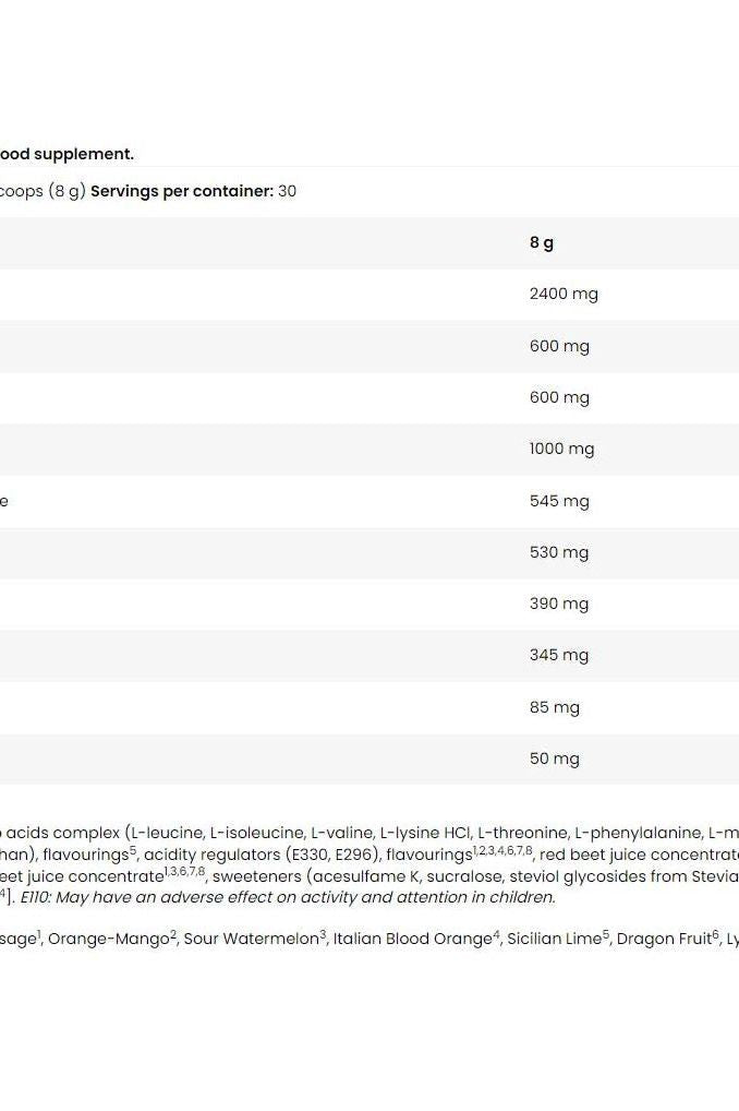 Nutrition facts for FA - Fitness Authority Napalm LEAA9 supplement, detailing amino acid composition and serving size.